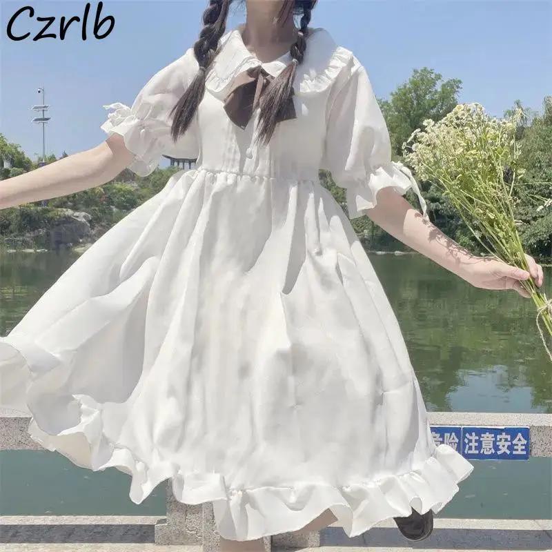 Short Sleeve Dresses Women Cosy Baggy Vestido Feminino Elegant Ruffles Summer Preppy Korean Fashion Kawaii Simple De